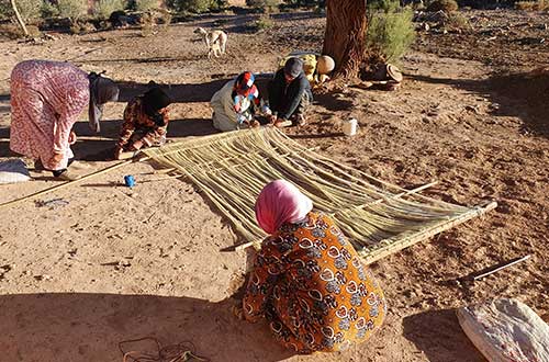 Préparation de la trame d'un tapis berbère